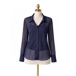Theyskens’ Theory BAMA Navy Blue Sheer Button Front Blouse Size Small USA